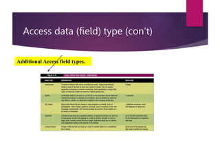 Access data (field) type (con’t)
Additional Access field types.
 
