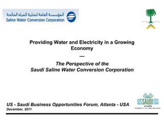 Providing Water and Electricity in a Growing
                             Economy
                                —
                       The Perspective of the
             Saudi Saline Water Conversion Corporation




US - Saudi Business Opportunities Forum, Atlanta - USA
December, 2011
 