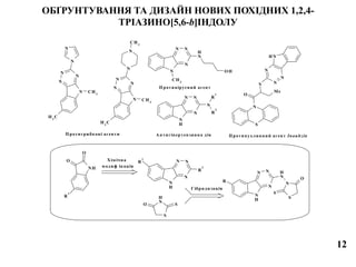 ОБҐРУНТУВАННЯ ТА ДИЗАЙН НОВИХ ПОХІДНИХ 1,2,4-
ТРІАЗИНО[5,6-b]ІНДОЛУ
N
N
N
N
N
N
CH3
CH3
N
N
N
N
N
N
CH3
CH3
CH3
N
N
NN
CH3
N
H
O H
N
H
N
NN
N
R
2
R
1
S
N
Me
S N
N
N
NH
O
R
2
N
H
N
NNR
1
NH
O
O
R
1
N
H
N
NN
R
N
H
N
S
O
S
S
N
H
SO
П ротигрибкові агенти
П ротивірусний агент
Антигіпертензивна дія П ротипухлинний агент Inauhzin
Хімічна
модиф ікація
Гібридизація
12
 
