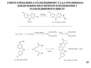 СИНТЕЗ ПОХІДНИХ 4-ТІАЗОЛІДИНОНУ З 1,2,4-ТРІАЗИНО[5,6-
b]ІНДОЛЬНИМ ФРАГМЕНТОМ В ПОЛОЖЕННІ 3
ТІАЗОЛІДИНОВОГО ЦИКЛУ
N
H
N
NN
R
SH
N
H
N
NN
R
N
H
NH2
S
SCH2
CO O Na
SCH2
CO O Na
S
SCH2
CO O H
SCH2
CO O H
R = H (3.23), Cl (3.24)
NH 2
NH 2
3.1, 3.3
CS2
+ Na2
S Na2
CS3
ClCH 2
CO O Na H Cl
NH
NN
N
R
NH
NH2
NH
NN
N
R
NH
N S
O
S
S
S
S
O H
O
O H
O
R = H (3.23), Cl (3.24)
EtO H
R = H (3.25), Cl (3.26)
+ H SCH 2
CO O H + H 2
O+
15
 