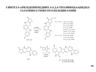 СИНТЕЗ 5-АРИЛІДЕНПОХІДНИХ 3-(1,2,4-ТРІАЗИНО[5,6-b]ІНДОЛ-
3-ІЛАМІНО-2-ТІОКСОТІАЗОЛІДИН-4-ОНІВ
NH
NN
N
R
NH
N S
O
S
NH
NN
N
R
NH
N S
O
S
Ar
ArCH O
AcO Na,
AcO H
R = H, Ar = 3-Br-C6
H4
(3.27),
4-Br-C 6
H4
(3.28),
4-Cl-C 6
H4
(3.29),
4-F-C 6
H4
(3.30),
4-OM e-C 6
H4
(3.31),
4-NM e2
-C6
H4
(3.32),
2,6-Cl2
-C6
H3
(3.33),
R = Cl, Ar = 4-Br-C6
H4
(3.34),
4-Cl-C 6
H4
(3.35),
4-NO 2
-C6
H4
(3.36)3.25, 3.26
N
H
N
N
NN
H
N
S
O
S
N
H
N
N
NN
H
N
S
O
S
N
H
O
R
1
O
N
H
O
R
1
AcO Na,
AcO H
3.25
R1
= H (3.37), Br (3.38),
Cl (3.39), M e (3.40)
16
 