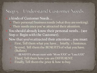  2 kinds of Customer Needs…. 
 Their personal/business needs (what they are seeking). 
 Their needs once you’ve attracted their attention. 
 You should already know their personal needs… (see 
Step 2: Begin with the Customer). 
 Now that you’ve attracted their attention… you must: 
1. First, Tell them what you have… briefly. 1 Sentence. 
2. Second, Tell them the BENEFITS of what you have. 
(Bullets) 
1. BENEFITS always start with “More XXX” or “Less XXX” 
3. Third, Tell them how you are DIFFERENT. 
4. Finally, Tell them the price & how to buy. 
 