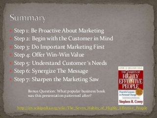  Step 1: Be Proactive About Marketing 
 Step 2: Begin with the Customer in Mind 
 Step 3: Do Important Marketing First 
 Step 4: Offer Win-Win Value 
 Step 5: Understand Customer ‘s Needs 
 Step 6: Synergize The Message 
 Step 7: Sharpen the Marketing Saw 
Bonus Question: What popular business book 
was this presentation patterned after? 
http://en.wikipedia.org/wiki/The_Seven_Habits_of_Highly_Effective_People 
 