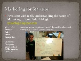  First, start with really understanding the basics of 
Marketing. (from Harlan’s blog): 
tytusblog.blogspot.com 
4 Ps. 5 Cs. 
Product 
Price 
Place 
Promotion 
Customer 
Company, 
Competition 
Collaboration 
Context 
customer_action = customer_need * demand(product(5cs), 
place(5cs), price(5cs), promotion(5cs)); 
 
