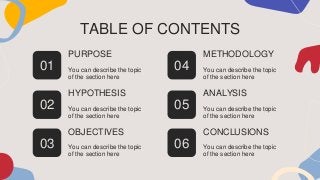 02
01 04
05
TABLE OF CONTENTS
PURPOSE
You can describe the topic
of the section here
METHODOLOGY
You can describe the topic
of the section here
HYPOTHESIS
You can describe the topic
of the section here
ANALYSIS
You can describe the topic
of the section here
OBJECTIVES
You can describe the topic
of the section here
CONCLUSIONS
You can describe the topic
of the section here
03 06
 