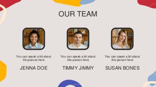 OUR TEAM
You can speak a bit about
this person here
You can speak a bit about
this person here
You can speak a bit about
this person here
JENNA DOE TIMMY JIMMY SUSAN BONES
 