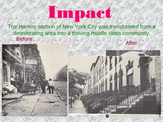 Impact
The Harlem section of New York City was transformed from a
deteriorating area into a thriving middle class community.
Before
After
 