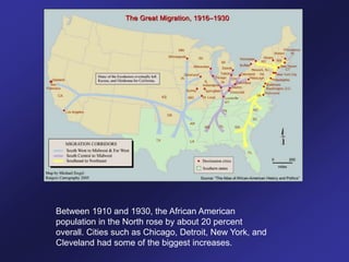Between 1910 and 1930, the African American
population in the North rose by about 20 percent
overall. Cities such as Chicago, Detroit, New York, and
Cleveland had some of the biggest increases.
 