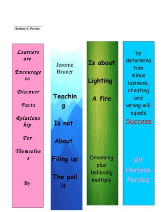 _________________
Harlene B. Perdez




 Learners                                        by
   are                                      determina
                     Jerome     Is about
                                                tion
Encourage            Bruner
                                               minus
   to                           Lighting     laziness,
 Discover                                    cheating
                    Teachin      A fire         and
    Facts             g                     wrong will
                                               equals
Relations
  hip               Is not                  Success

     For
                    About
Themselve
    s               Filing up   Dreaming
                                              BY
                                  plus
                                believing   Harlene
                    The pail     multiply   Perdez
     By
                      it
 