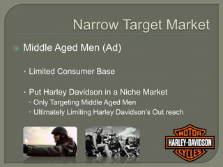    Middle Aged Men (Ad)

    • Limited Consumer Base

    • Put Harley Davidson in a Niche Market
       Only Targeting Middle Aged Men
       Ultimately Limiting Harley Davidson’s Out reach
 
