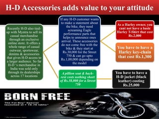 Recently H-D also tied-
up with Myntra to sell its
casual merchandise
through an exclusive
online store. It offers a
whole range of casual
outwear, sportswear,
denims & accessories
that gives H-D access to
a larger audience. So far
H-D ‘s merchandise in
India was sold only
through its dealerships
across 17 locations
If any H-D customer wants
to make a statement about
the bike, they need
screaming Eagle
performance parts that
helps to announce ones
arrival. These accessories
do not come free with the
bike & they start at
Rs.30,000 for the Street
750 & can go upto
Rs.1,00,000 depending on
the model
As a Harley owner, you
cant not have a basic
Harley T-Shirt that cost
Rs.2,000
You have to have a
Harley key-chain
that cost Rs.1,300
A pillion seat & back-
rest costs nothing short
of Rs.38,000 for a Street
750
You have to have a
H-D jacket (black
leather) costing
Rs.25,000
H-D Accessories adds value to your attitude
 