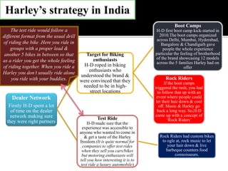 Harley’s strategy in India
Dealer Network
Firstly H-D spent a lot
of time on the dealer
network making sure
they were right partners
Target for Biking
enthusiasts
H-D roped in biking
enthusiasts who
understood the brand &
were convinced that they
needed to be in high-
street locations
Boot Camps
H-D first boot camp kick-started in
2010.The boot camps organized
across Delhi, Mumbai, Hyderabad,
Bangalore & Chandigarh gave
people the whole experience
particular the feeling of brotherhood
of the brand showcasing 12 models
across the 5 families Harley had on
offer
Rock Riders
If the boot camps
triggered the rush, you had
to follow that up with an
event where people could
let their hair down & cool
off. Music & Harley go
back a long way. So,H-D
came up with a concept of
‘Rock Riders’Test Ride
H-D made sure that the
experience was accessible to
anyone who wanted to come in
& get a taste of the Harley
freedom.(It is quite normal for
companies to offer test rides
when they sell you cars/bikes
but motoring enthusiasts will
tell you how interesting it is to
test ride a luxury automobile)
Rock Riders had custom bikes
to ogle at, rock music to let
your hair down & live
barbeque counters food
connoisseurs.
The test ride would follow a
different format from the usual drill
of riding the bike .Here you ride in
groups with a proper lead &
another 5 bikes in between so that
as a rider you get the whole feeling
of riding together. When you ride a
Harley you don’t usually ride alone
you ride with your buddies.
 