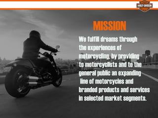 We fulfill dreams through
the experiences of
motorcycling, by providing
to motorcyclists and to the
general public an expanding
line of motorcycles and
branded products and services
in selected market segments.
MISSION
%
 