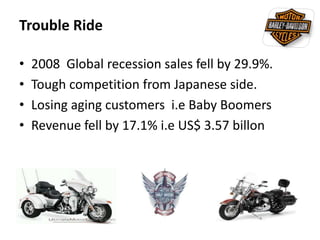 Trouble Ride
• 2008 Global recession sales fell by 29.9%.
• Tough competition from Japanese side.
• Losing aging customers i.e Baby Boomers
• Revenue fell by 17.1% i.e US$ 3.57 billon
 