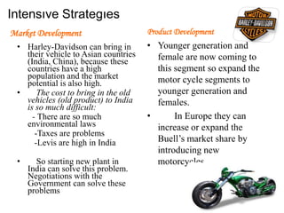 Intensıve Strategıes
Market Development
• Harley-Davidson can bring in
their vehicle to Asian countries
(India, China), because these
countries have a high
population and the market
potential is also high.
• The cost to bring in the old
vehicles (old product) to India
is so much difficult:
- There are so much
environmental laws
-Taxes are problems
-Levis are high in India
• So starting new plant in
India can solve this problem.
Negotiations with the
Government can solve these
problems
Product Development
• Younger generation and
female are now coming to
this segment so expand the
motor cycle segments to
younger generation and
females.
• In Europe they can
increase or expand the
Buell’s market share by
introducing new
motorcycles.
 