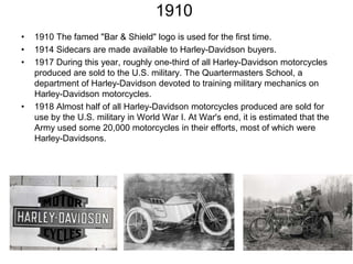1910
•
•
•

•

1910 The famed "Bar & Shield" logo is used for the first time.
1914 Sidecars are made available to Harley-Davidson buyers.
1917 During this year, roughly one-third of all Harley-Davidson motorcycles
produced are sold to the U.S. military. The Quartermasters School, a
department of Harley-Davidson devoted to training military mechanics on
Harley-Davidson motorcycles.
1918 Almost half of all Harley-Davidson motorcycles produced are sold for
use by the U.S. military in World War I. At War's end, it is estimated that the
Army used some 20,000 motorcycles in their efforts, most of which were
Harley-Davidsons.

 
