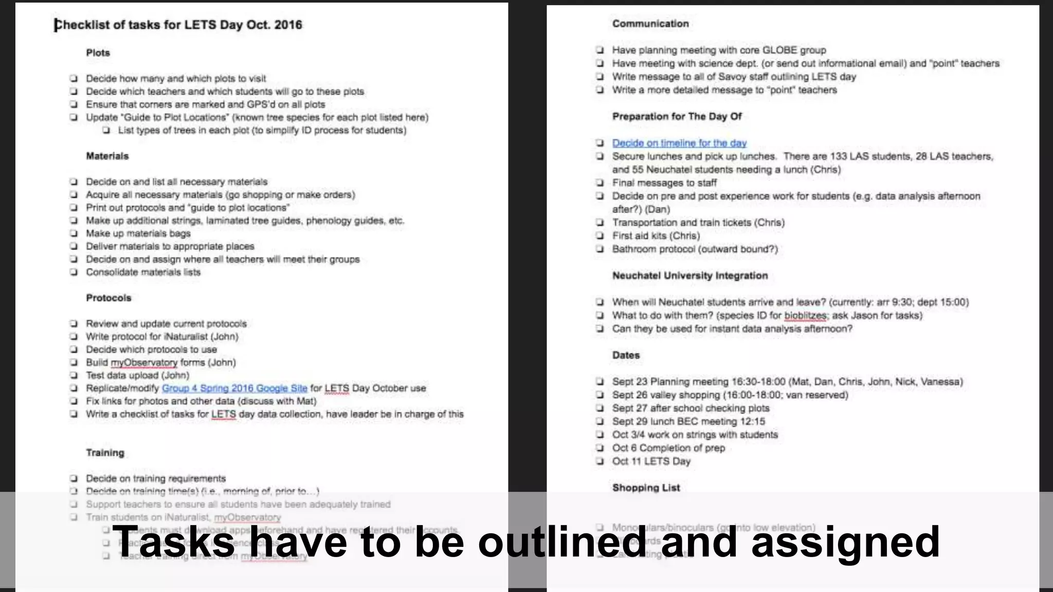 Tasks have to be outlined and assigned
 