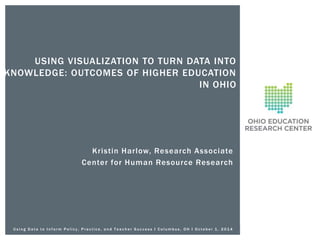 USING VISUALIZATION TO TURN DATA INTO 
KNOWLEDGE: OUTCOMES OF HIGHER EDUCATION 
IN OHIO 
Kr istin Har low, Research Associate 
Center for Human Resource Research 
U s i n g D a t a t o I n f o rm P o l i c y , P r a c t i c e , a n d T e a c h e r S u c c e s s I C o l umb u s , O H I O c t o b e r 1 , 2 0 1 4 
 