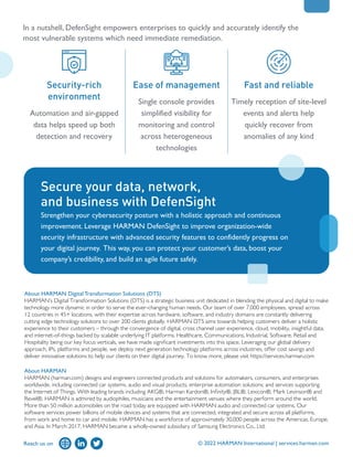 Security-rich
environment
Automation and air-gapped
data helps speed up both
detection and recovery
Ease of management
Single console provides
simplified visibility for
monitoring and control
across heterogeneous
technologies
Fast and reliable
Timely reception of site-level
events and alerts help
quickly recover from
anomalies of any kind
Strengthen your cybersecurity posture with a holistic approach and continuous
improvement. Leverage HARMAN DefenSight to improve organization-wide
security infrastructure with advanced security features to confidently progress on
your digital journey. This way, you can protect your customer’s data, boost your
company’s credibility, and build an agile future safely.
Secure your data, network,
and business with DefenSight
About HARMAN Digital Transformation Solutions (DTS)
HARMAN’s Digital Transformation Solutions (DTS) is a strategic business unit dedicated in blending the physical and digital to make
technology more dynamic in order to serve the ever-changing human needs. Our team of over 7,000 employees, spread across
12 countries in 45+ locations, with their expertise across hardware, software, and industry domains are constantly delivering
cutting edge technology solutions to over 200 clients globally. HARMAN DTS aims towards helping customers deliver a holistic
experience to their customers – through the convergence of digital, cross channel user experience, cloud, mobility, insightful data,
and internet-of-things backed by scalable underlying IT platforms. Healthcare, Communications, Industrial, Software, Retail and
Hospitality being our key focus verticals, we have made significant investments into this space. Leveraging our global delivery
approach, IPs, platforms and people, we deploy next generation technology platforms across industries, offer cost savings and
deliver innovative solutions to help our clients on their digital journey. To know more, please visit https://services.harman.com
About HARMAN
HARMAN (harman.com) designs and engineers connected products and solutions for automakers, consumers, and enterprises
worldwide, including connected car systems, audio and visual products, enterprise automation solutions; and services supporting
the Internet of Things. With leading brands including AKG®, Harman Kardon®, Infinity®, JBL®, Lexicon®, Mark Levinson® and
Revel®, HARMAN is admired by audiophiles, musicians and the entertainment venues where they perform around the world.
More than 50 million automobiles on the road today are equipped with HARMAN audio and connected car systems. Our
software services power billions of mobile devices and systems that are connected, integrated and secure across all platforms,
from work and home to car and mobile. HARMAN has a workforce of approximately 30,000 people across the Americas, Europe,
and Asia. In March 2017, HARMAN became a wholly-owned subsidiary of Samsung Electronics Co., Ltd.
Reach us on © 2022 HARMAN International | services.harman.com
In a nutshell, DefenSight empowers enterprises to quickly and accurately identify the
most vulnerable systems which need immediate remediation.
 