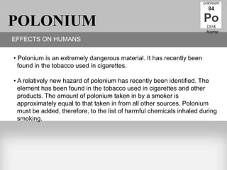 POLONIUM                                                               Home
EFFECTS ON HUMANS

• Polonium is an extremely dangerous material. It has recently been
  found in the tobacco used in cigarettes.

• A relatively new hazard of polonium has recently been identified. The
  element has been found in the tobacco used in cigarettes and other
  products. The amount of polonium taken in by a smoker is
  approximately equal to that taken in from all other sources. Polonium
  must be added, therefore, to the list of harmful chemicals inhaled during
  smoking.
 