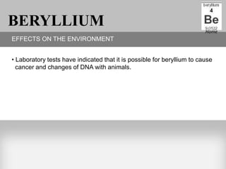 BERYLLIUM                                                                Home
EFFECTS ON THE ENVIRONMENT


• Laboratory tests have indicated that it is possible for beryllium to cause
  cancer and changes of DNA with animals.
 