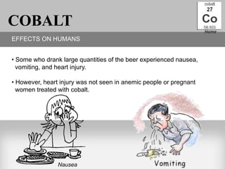 COBALT                                                              Home
EFFECTS ON HUMANS


• Some who drank large quantities of the beer experienced nausea,
  vomiting, and heart injury.

• However, heart injury was not seen in anemic people or pregnant
  women treated with cobalt.




                Nausea
 