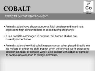 COBALT                                                                   Home
EFFECTS ON THE ENVIRONMENT


• Animal studies have shown abnormal fatal development in animals
  exposed to high concentrations of cobalt during pregnancy.

• It is a possible carcinogen to humans, but human studies are
  currently inconclusive.

• Animal studies show that cobalt causes cancer when placed directly into
  the muscle or under the skin, but not when the animals were exposed to
  cobalt in air, food, or drinking water. Skin contact with cobalt or some of
  its compounds can lead to allergic dermatitis.
 