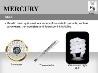 MERCURY                                                                  Home
USES

• Metallic mercury is used in a variety of household products, such as
  barometers, thermometers and fluorescent light bulbs.




    Barometer               Thermometer              Fluorescent Light
                                                           Bulb
 