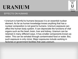 URANIUM                                                                Home
EFFECTS ON HUMANS


• Uranium is harmful to humans because it is an essential nuclear
  element. As far as human knowledge knows anything that has a
  nuclear composition is not good to humans. Uranium exposure can
  affect the human body system. It can depreciate the functions of vital
  organs such as the heart, brain, liver and kidney. Uranium can be
  retained in many different ways. It has smaller components known as
  radon. This can be exhaled through contaminated food or water. But,
  such exposure is only minor. Major exposures include working in
  factories or government facilities that uses uranium.
 
