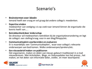Scenario’s	
  
• Brainstormen	
  over	
  ideeën
Iemand	
  heeft	
  een	
  vraag	
  en	
  wil	
  graag	
  dat	
  andere	
  collega's	
  meedenken.	
  
• Expertise	
  vinden
medewerker	
  van	
  vestiging	
  x	
  is	
  op	
  zoek	
  naar	
  iemand	
  binnen	
  de	
  organisatie	
  die	
  
kennis	
  heeft	
  van...	
  .
• Betrokkenheid	
  door	
  leiderschap
De	
  directeur	
  wil	
  medewerkers	
  betrekken	
  bij	
  de	
  organisatieverandering	
  en	
  legt	
  
de	
  collega's	
  een	
  stelling/vraag	
  voor	
  in	
  een	
  blog/filmpje/etc.	
  
• Communicatieplein	
  voorbereiden	
  en	
  evalueren
Er	
  is	
  maandelijks	
  een	
  'Communicatieplein',	
   waar	
  voor	
  collega's	
  relevante	
  
onderwerpen	
  aan	
  bod	
  komen.	
  Welke	
  onderwerpen/sprekers/etc.
• Een	
  nieuwsbrief	
  maken	
  en	
  publiceren
Het	
  organiseren,	
  maken	
  en	
  delen	
  van	
  nieuws	
  gebeurt	
  traditioneel	
  in	
  e-­‐mail	
  
nieuwsbrieven.	
  Met	
  Activiteiten,	
  Blogs,	
  en	
  Statusupdates	
  kan	
  het	
  proces	
  ,	
  het	
  
maken,	
  en	
  het	
  delen	
  van	
  informatie	
  beter,	
  sneller,	
  en	
  meer	
  doorlopend.
 