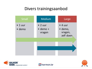 Divers	
  trainingsaanbod
Small
• 1	
  uur
• demo
Medium
• 2	
  uur
• demo	
  +	
  
vragen
Large
• 4	
  uur
• demo,	
  
vragen,	
  
zelf	
  doen
 