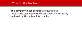 The company must develop a robust sales
forecasting technique which can allow the company
in decoding the actual future sales
To avoid the Problem
 