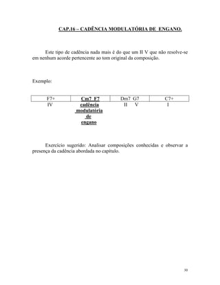 CAP.16 – CADÊNCIA MODULATÓRIA DE ENGANO.
Este tipo de cadência nada mais é do que um II V que não resolve-se
em nenhum acorde pertencente ao tom original da composição.
Exemplo:
F7+ Cm7 F7 Dm7 G7 C7+
IV cadência II V I
modulatória
de
engano
Exercício sugerido: Analisar composições conhecidas e observar a
presença da cadência abordada no capítulo.
30
 
