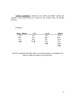 Acorde secundário: entende-se por acorde secundário aquele que
contém a nota característica do acorde na sua sétima, nona, ou décima
primeira.
Exemplo:
Dm6 – Dórico C7+ Asus9 F#m11
1 D 1 C 1 A 1 F#
3b F 3 E 4 D 3b A
5 A 5 G 5 E 5 C#
6 B 7+ B 7 G 7 E
9 B 9 G#
11 B
Exercício sugerido: descobrir todos os acordes primários e secundários de
todos os modos em todos os tons possíveis.
34
 