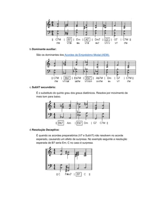 b.Dominante auxiliar:
São os dominantes dos Acordes de Empréstimo Modal (AEM).
c.SubV7 secundário:
É o substituto do quinto grau dos graus diatônicos. Resolve por movimento de
meio tom para baixo.
d.Resolução Deceptiva:
É quando os acordes preparatórios (V7 e SubV7) não resolvem no acorde
esperado, causando um efeito de surpresa. No exemplo seguinte a resolução
esperada de B7 seria Em; C no caso é surpresa.
 