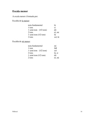 M.Brasil 10
Escala menor
A escala menor é formada por:
Escalda de la menor:
nota fundamental lá
1 tom si
1 semi tom (1/2 tom) dó
2 tons ré, mi
1 semi tom (1/2 tom) fá
2 tons sol, lá
Escalda de mi menor:
nota fundamental mi
1 tom fá#
1 semi tom (1/2 tom) sol
2 tons lá, si
1 semi tom (1/2 tom) dó
2 tons ré, mi
 