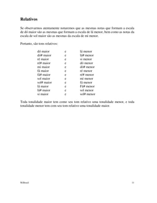 M.Brasil 11
Relativos
Se observarmos atentamente notaremos que as mesmas notas que formam a escala
de dó maior são as mesmas que formam a escala de lá menor, bem como as notas da
escala de sol maior são as mesmas da escala de mi menor.
Portanto, são tons relativos:
dó maior e lá menor
dó# maior e lá# menor
ré maior e si menor
ré# maior e dó menor
mi maior e dó# menor
fá maior e ré menor
fá# maior e ré# menor
sol maior e mi menor
sol# maior e fá menor
lá maior e Fá# menor
lá# maior e sol menor
si maior e sol# menor
Toda tonalidade maior tem como seu tom relativo uma tonalidade menor, e toda
tonalidade menor tem com seu tom relativo uma tonalidade maior.
 