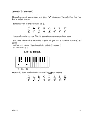 M.Brasil 15
Acorde Menor (m)
O acorde menor é representado pela letra “m” minúscula (Exemplo Cm, Dm, Em,
Bm, e muitos outros).
Tomamos com exemplo a escala de C:
C D E F G A B C
1a
2a
3a
4a
5a
6a
7a
8a
Um acorde maior, no caso Cm (dó menor),tomamos as seguintes notas:
a) A nota fundamental do acorde (1a
) que na qual leva o nome do acorde (C no
caso)
b) Uma terça menor (Eb), diminuindo meio (1/2) tom de E
c) Uma quinta (G)
Cm (dó menor)
C Eb G
Do mesmo modo acontece com o acorde de Gm (sol menor):
G A B C D E F G
1a
2a
3a
4a
5a
6a
7a
8a
 