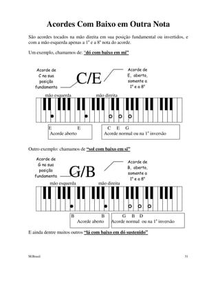 M.Brasil 31
Acordes Com Baixo em Outra Nota
São acordes tocados na mão direita em sua posição fundamental ou invertidos, e
com a mão esquerda apenas a 1a
e a 8a
nota do acorde.
Um exemplo, chamamos de: “dó com baixo em mi”
C/E
mão esquerda mão direita
E E C E G
Acorde aberto Acorde normal ou na 1a
inversão
Outro exemplo: chamamos de “sol com baixo em si”
G/Bmão esquerda mão direita
B B G B D
Acorde aberto Acorde normal ou na 1a
inversão
E ainda dentre muitos outros “lá com baixo em dó sustenido”
Acorde de
C na sua
posição
fundamenta
l
Acorde de
E, aberto,
somente a
1a
e a 8a
nota do
Acorde de
G na sua
posição
fundamenta
l
Acorde de
B, aberto,
somente a
1a
e a 8a
nota do
 