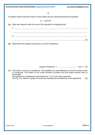 A2 PHYSICS PAST PAPER CIE QUESTIONS compiled By RACSO GROUP racsostudenthelp@gmail.com
 