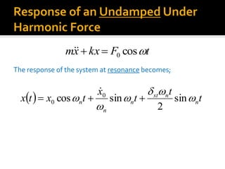 tFkxxm cos0
  t
t
t
x
txtx n
nst
n
n
n 



 sin
2
sincos 0
0 

The response of the system at resonance becomes;
 