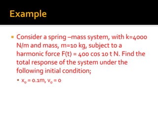  Consider a spring –mass system, with k=4000
N/m and mass, m=10 kg, subject to a
harmonic force F(t) = 400 cos 10 t N. Find the
total response of the system under the
following initial condition;
 x0 = 0.1m, v0 = 0
 