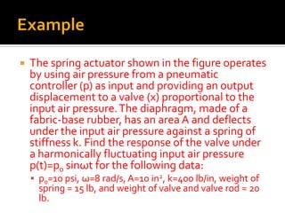  The spring actuator shown in the figure operates
by using air pressure from a pneumatic
controller (p) as input and providing an output
displacement to a valve (x) proportional to the
input air pressure.The diaphragm, made of a
fabric-base rubber, has an area A and deflects
under the input air pressure against a spring of
stiffness k. Find the response of the valve under
a harmonically fluctuating input air pressure
p(t)=p0 sinωt for the following data:
 p0=10 psi, ω=8 rad/s, A=10 in2, k=400 lb/in, weight of
spring = 15 lb, and weight of valve and valve rod = 20
lb.
 