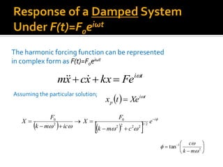 The harmonic forcing function can be represented
in complex form as F(t)=F0eiωt
ti
Fekxxcxm 
 
Assuming the particular solution;
  ti
p Xetx 

  


 icmk
F
X 2
0







 
2
1
tan



mk
c
  


i
e
cmk
F
X 

 2/1
2222
0
 