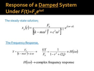 The steady-state solution;
The Frequency Response,
  


 icmk
F
X 2
0
  responsefrequencycomplexiH
 
  
 



 ti
p e
cmk
F
tx 2/1
2222
0
 

iH
rirF
kX



21
1
2
0
 