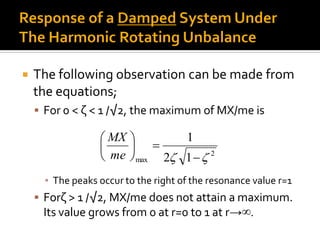  The following observation can be made from
the equations;
 For 0 < ζ < 1 /√2, the maximum of MX/me is
▪ The peaks occur to the right of the resonance value r=1
 Forζ > 1 /√2, MX/me does not attain a maximum.
Its value grows from 0 at r=0 to 1 at r→∞.
2
max 12
1
 






me
MX
 