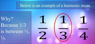 Below is an example of a harmonic mean…
Why?
Because 1/3
is between ½,
¼.
 