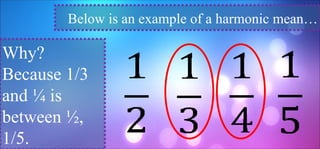 Below is an example of a harmonic mean…
Why?
Because 1/3
and ¼ is
between ½,
1/5.
 