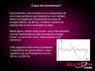 harmônica.
Tecnicamente, uma harmônica é a componente de
uma onda periódica cuja freqüência é um múltiplo
inteiro da freqüência fundamental (no caso da
energia elétrica, de 60 Hz). A melhor maneira de
explicar isto é com a ilustração ao lado.
Nesta figura, vemos duas curvas: uma onda senoidal
normal, representando uma corrente de energia
"limpa", e outra onda menor, representando uma
harmônica.
Esta segunda onda menor representa
a harmônica de quinta ordem, o que
significa que sua freqüência é de 5 x
60 Hz, ou 300 Hz.
O que são harmônicas?
 