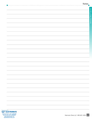 Notes 
­­­­­­­­­­­47 
Harmonic DriveS™H DG eSaerriinegs 
Harmonic Drive LLC 800-921-3332 47 
Sold & Serviced By: 
ELECTROMATE 
Toll Free Phone (877) SERVO98 
Toll Free Fax (877) SERV099 
www.electromate.com 
sales@electromate.com 
